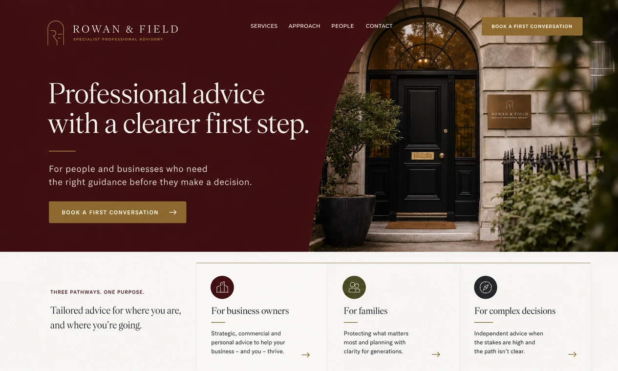 Distinctive concept route for Rowan and Field, a fictional professional advisory practice.