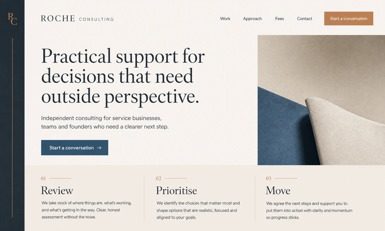 Sample website variation for Roche Consulting, a fictional solo consultant.